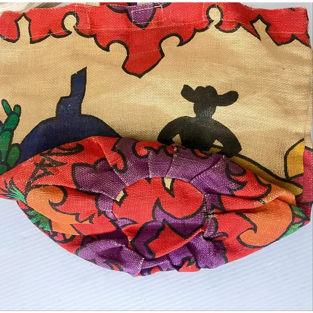 Vintage Burlap Cowboy Tote Bag & Coin Purse Southwestern Woven Vibrant Print